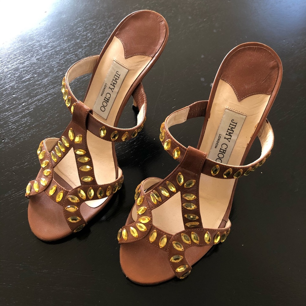 Jimmy Choo Camel Leather Embellished Heel